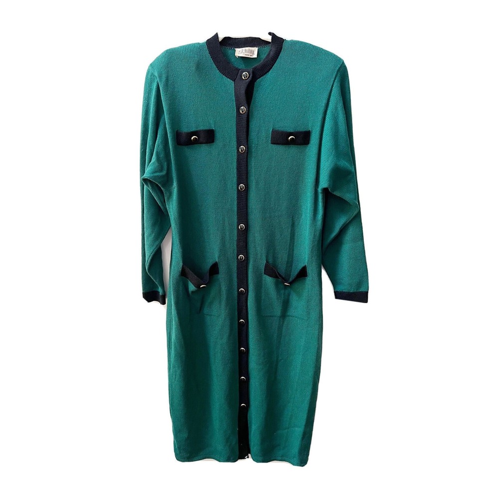 Vintage St. John Womens Kelly Green Knit Midi Long Sleeve Button Up Dress Sz 14
